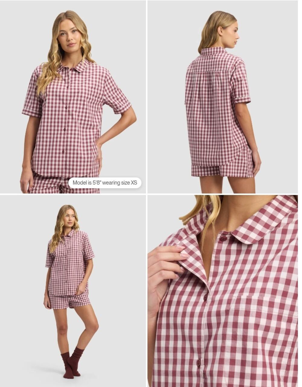 Cozy Earth - Sutton Short Sleeve Pajama Top - 100% Cotton - Mulberry Gingham